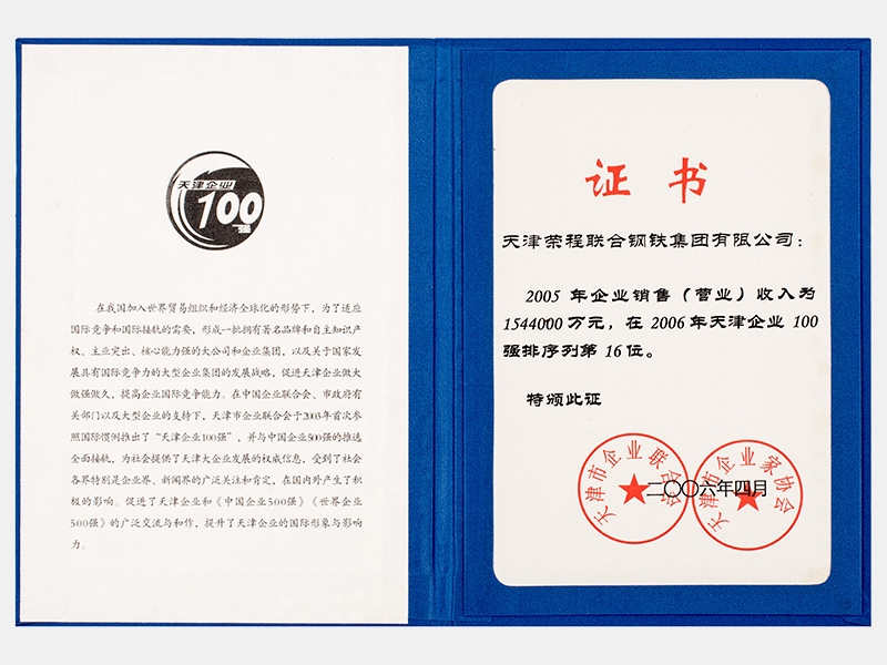 2005年企業(yè)銷售（營(yíng)業(yè)）收入為1544000萬(wàn)元，在2006年天津企業(yè)100強(qiáng)排序列第16位